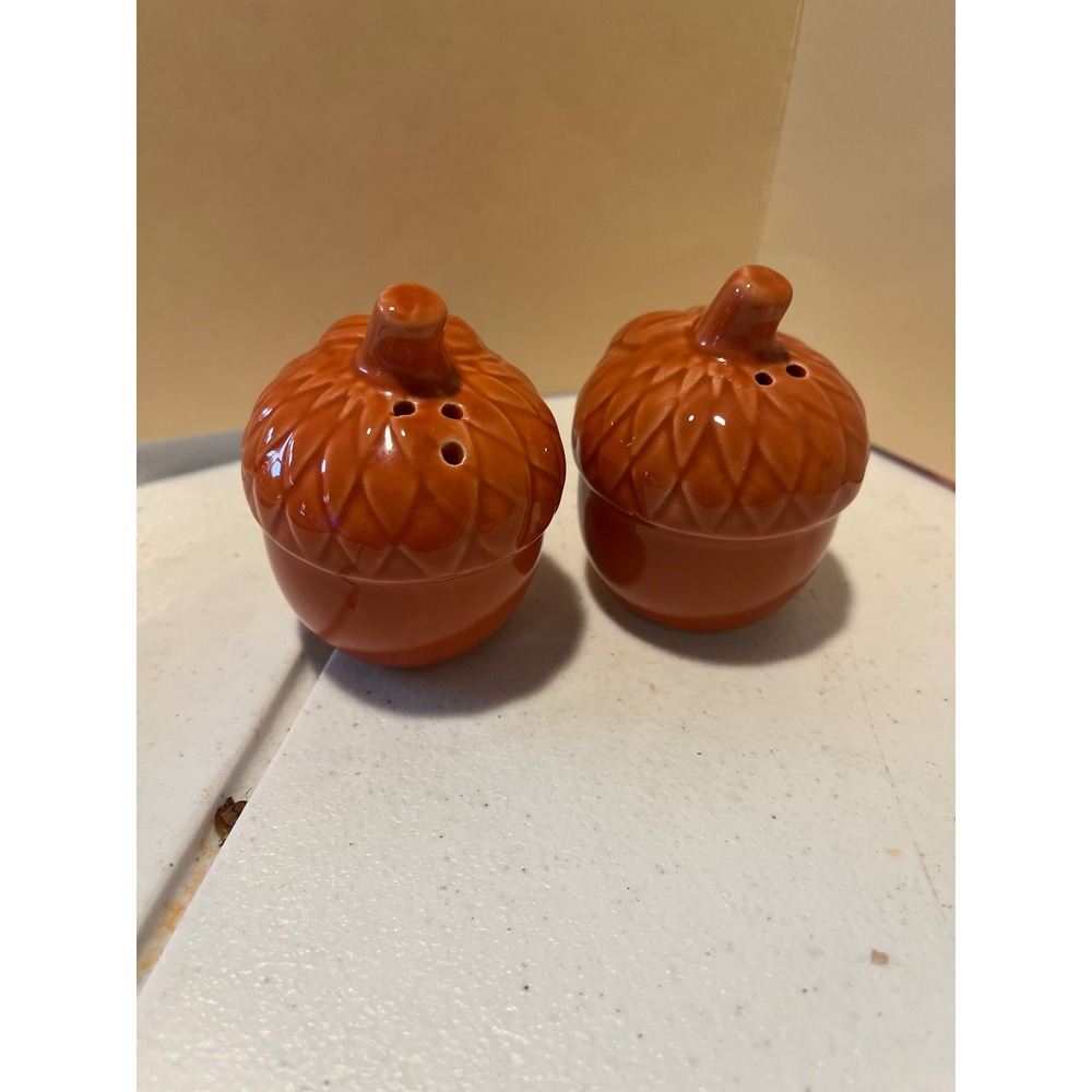 Ceramic Acorn Salt and Pepper Shakers Set Glossy Orange Fall Autumn Decor